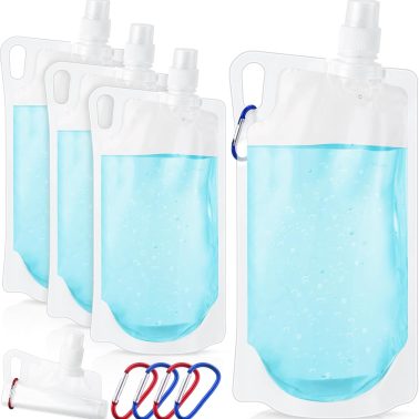 Maxdot 4 Pack 1L Collapsible Travel Water Bottles with Clip 33 oz Clear Foldable Water Pouch Container Bag for Hiking Backpacking Camping Travel Emergency