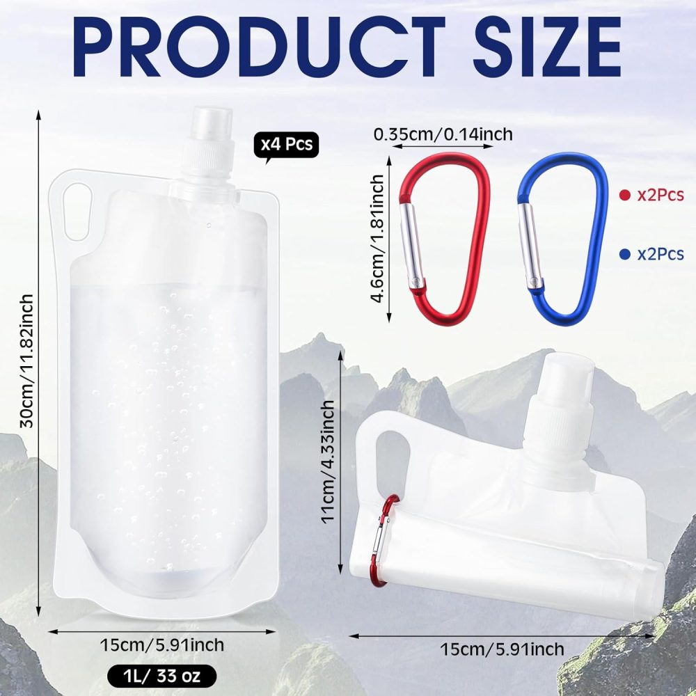 Maxdot 4 Pack 1L Collapsible Travel Water Bottles with Clip 33 oz Clear Foldable Water Pouch Container Bag for Hiking Backpacking Camping Travel Emergency - Image 2