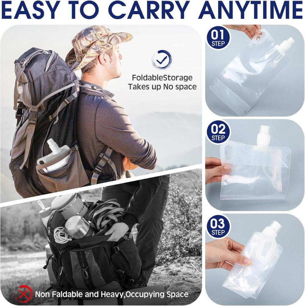Maxdot 4 Pack 1L Collapsible Travel Water Bottles with Clip 33 oz Clear Foldable Water Pouch Container Bag for Hiking Backpacking Camping Travel Emergency - Image 3