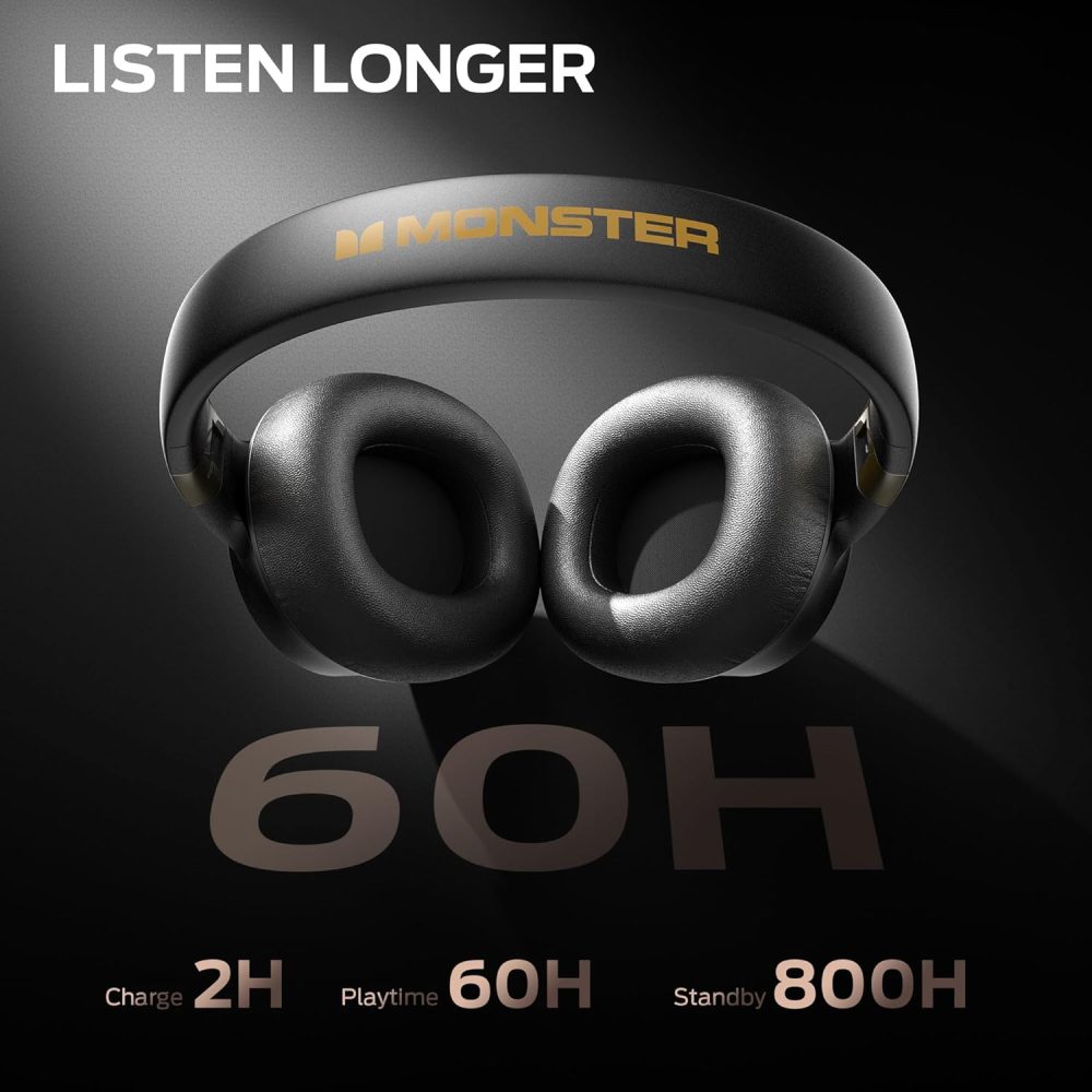 Monster Persona SE ANC Active Noise Cancelling Headphones, Over Ear Bluetooth Headphones Wireless, 60H Playtime, HiFi Stereo Audio, Deep Bass, Built-in Mic, Memory Foam Ear Cups for Home (Black) - Image 4